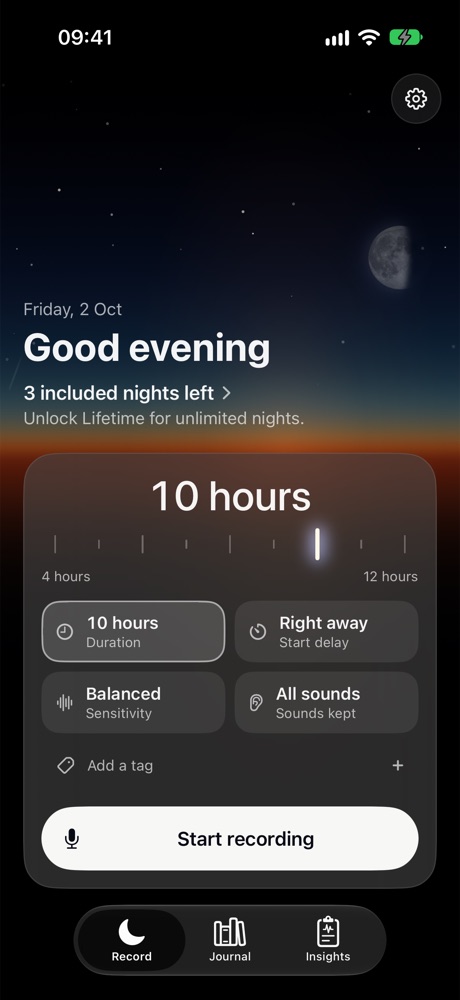 SleepVoice’s Record screen: a night sky at dusk and the night’s plan in one panel